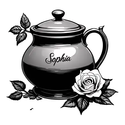 Winnie the Pooh's Honey Pot with "Sophia" written on it and a rose growing out of the pot.  tattoo design idea