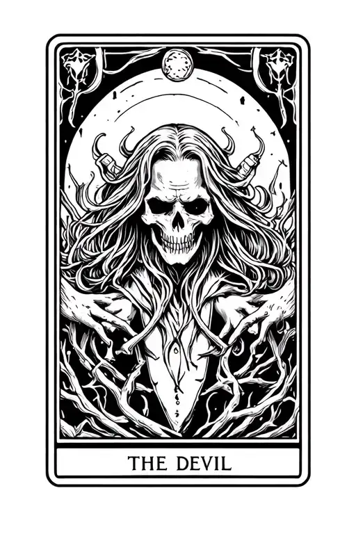 line work of a tarot card featuring the bottom words reading "the devil" tattoo design idea