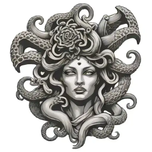 medusa statue head broken in 3 pieces and woman face tattoo design idea