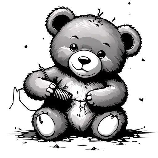 teddy bear falling apart but using his own thread to sew another bear in need tattoo design idea