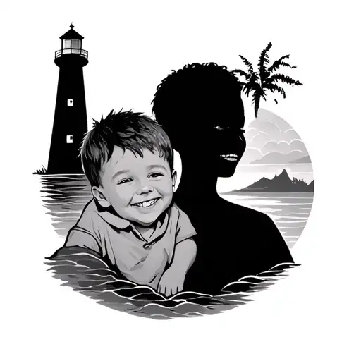 Two happy male children, a smooth transition to a lighthouse illuminating a female silhouette. tattoo design idea