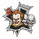 A spooky mashup tattoo featuring Michael Myers, Pennywise, Freddy Kruger, Scream, Art the clown, Jason, and the Bates Motel logo tattoo design idea