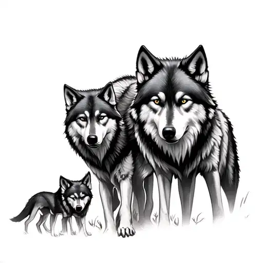 alpha wolf and 2 young wolves, and three wolf cu doua aripi tattoo design idea