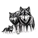 alpha wolf and 2 young wolves, and three wolf cu doua aripi tattoo design idea