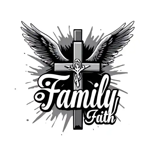 "Family Faith " Big Cross With Wings spread wide open tattoo design idea