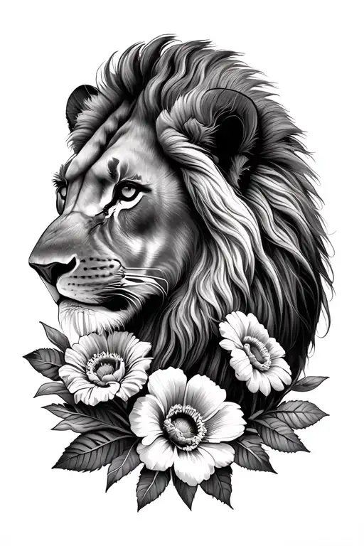 female lion head, 4 lion cubs head, 2 november flowers, 1 december flower, 1 april flower tattoo design idea