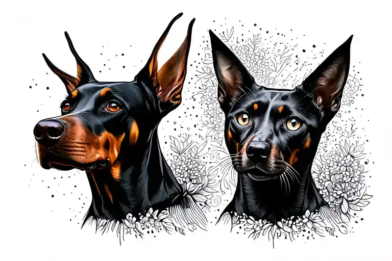 fine line art doberman dog head with cropped ears silhouette and cat silhouette next to each other. only outlines tattoo design idea