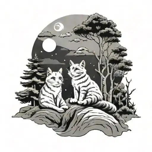 background with tibetan mountains, moon in the sky. a couple watching the sky in the forest with a cat. tattoo design idea