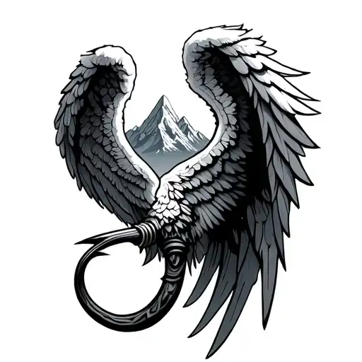 angel wings, hook and mountains inside tattoo design idea