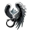 angel wings, hook and mountains inside tattoo design idea
