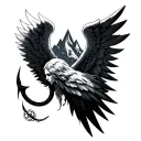 angel wings, hook and mountains inside tattoo design idea