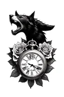 pocket watch roses and wolf snarling tattoo design idea