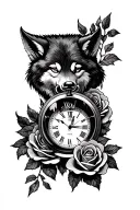 pocket watch roses and wolf snarling tattoo design idea