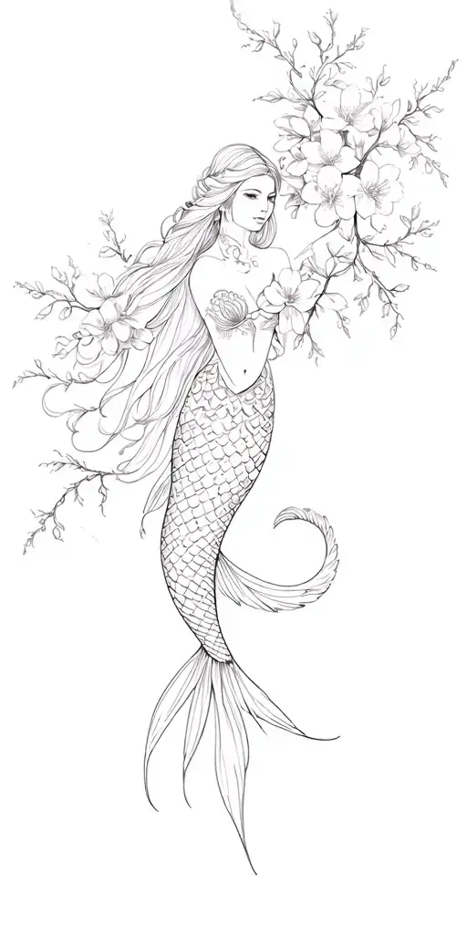 Arm sleeve tattoo, realistic, Black and white, cherry blossoms. Capricorn goddess mermaid tattoo design idea