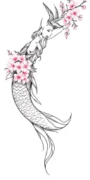 Arm sleeve tattoo, realistic, Black and white, cherry blossoms. Capricorn goddess mermaid tattoo design idea
