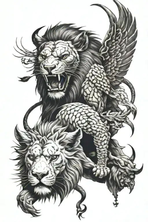lion demon et crane tattoo design idea
