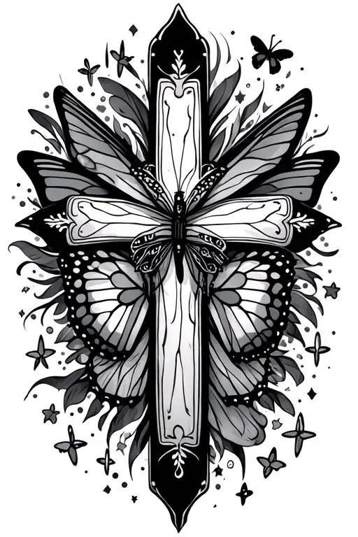 cross with butterflies and stars shining tattoo design idea