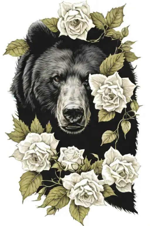 only the bears face surrounded by holly plant, hazel leaves, roses and daffodils with no black out sections or colour tattoo design idea