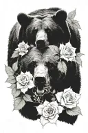 only the bears face surrounded by holly plant, hazel leaves, roses and daffodils with no black out sections or colour tattoo design idea