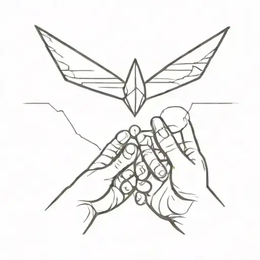 A minimalist tattoo of a small paper airplane flying towards a silhouette of a father and daughter holding hands tattoo design idea