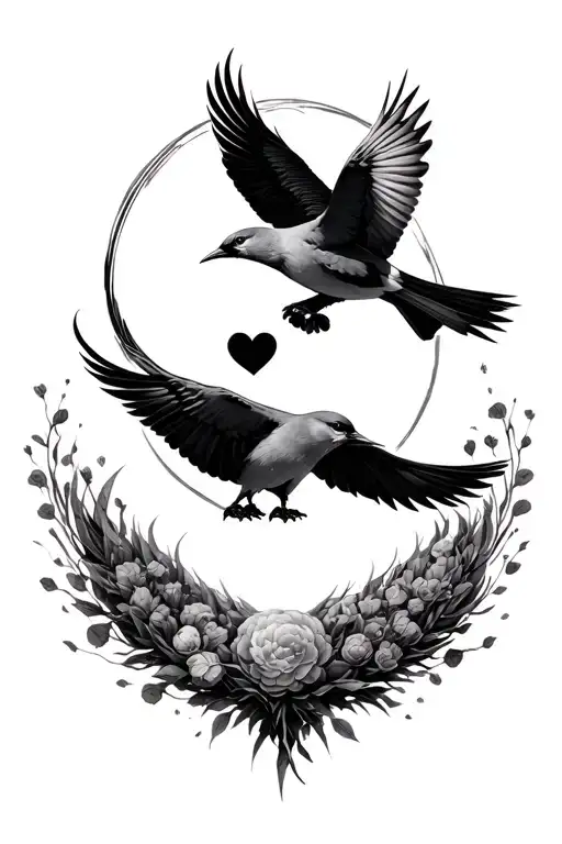 Two love birds flying in a circle around each other with the symbolism of life and growth, surrounded by Cybersigilism. tattoo design idea