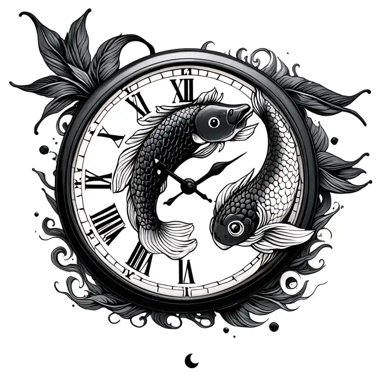 astrological sign cancer, carp koi yin yang, clock, 12:09 am, tattoo design idea