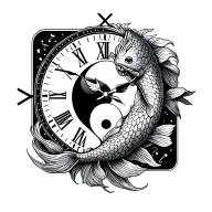 astrological sign cancer, carp koi yin yang, clock, 12:09 am, tattoo design idea