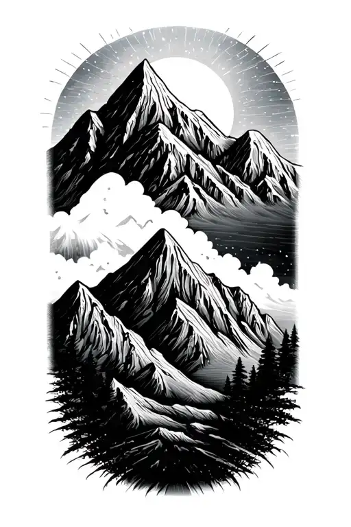 negative space mountains and sun tattoo design idea