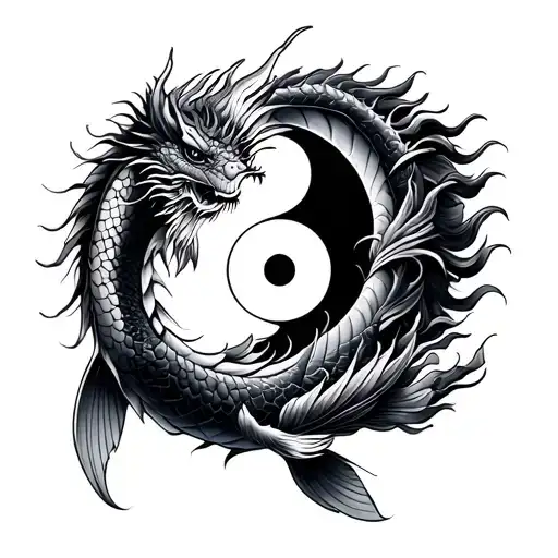 koi fish and dragon around yin yang with dragon tattoo design idea