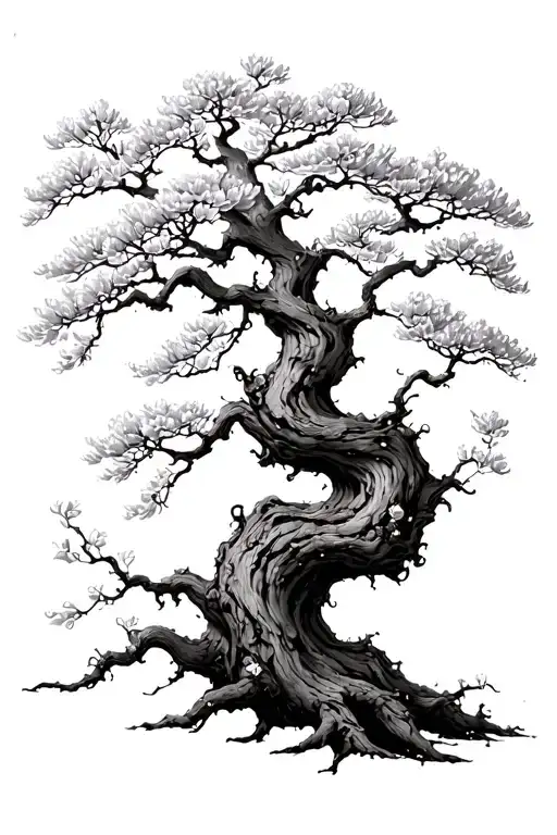 cherry blossom tree twisted and gnarled trunk w long branches blowing in the wind tattoo design idea