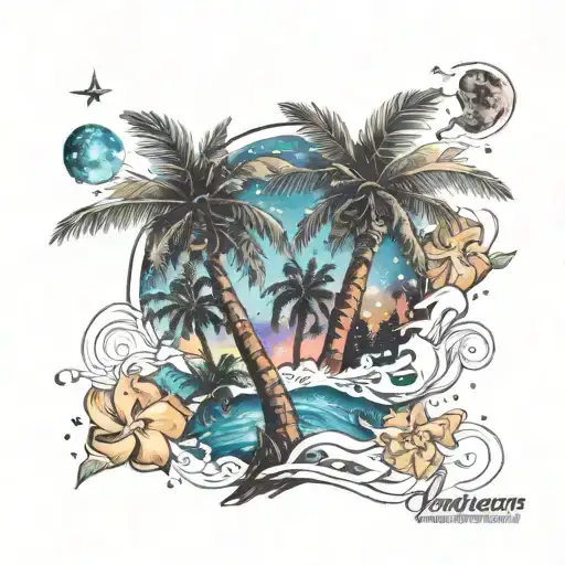 coconut tree and galaxy filled tattoo design idea