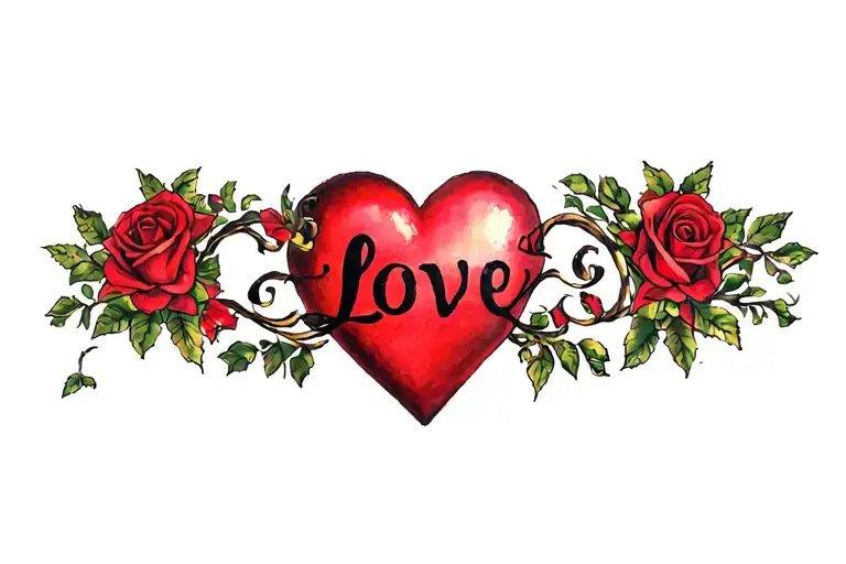 Heart, roses, word 'Love' tattoo design idea