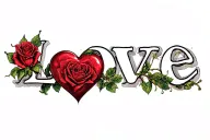 Heart, roses, word 'Love' tattoo design idea
