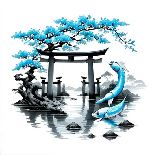 japanese burning torii gate with pogoda with sakura covered with blue koi fish swimming near them tattoo in left hand tattoo design idea