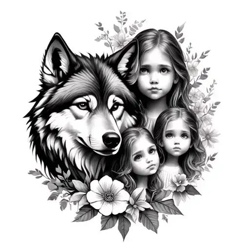Create a tattoo of a wolf with two children and a wolf girl who protrudes from the mother's head, with flowers tattoo design idea