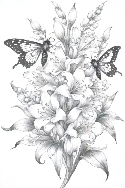 lily of the valley gladiolus lotus flowers bloominwith bee flying towards living tattoo design idea