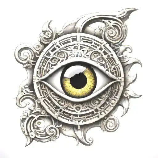 greek biomechanicsl evil eye symbol integrated on a biomechanical round greek shield tattoo design idea