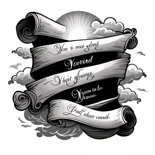 2 scrolls one with a bible verse and the other with names with clouds around it and light shining down tattoo design idea