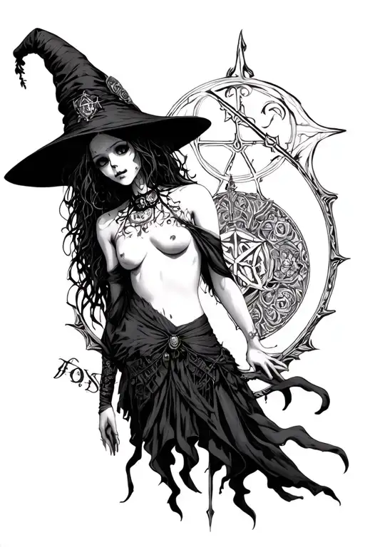 gothic girl nude pagan inspired anime character death and life momento mori witchcraft  tattoo design idea