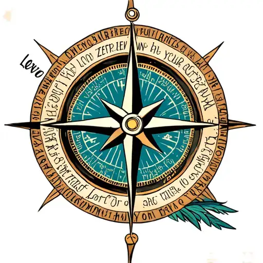 A traditional style tattoo of a compass rose with Led Zeppelin lyrics incorporated into the design, symbolizing the client's love for music and travel tattoo design idea