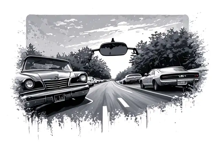 rear view mirror with road fading away tattoo design idea