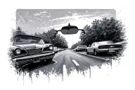 rear view mirror with road fading away tattoo design idea