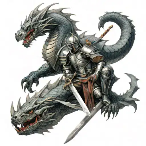 Knight holding a Sword, staring at a asian dragon infront of him tattoo design idea