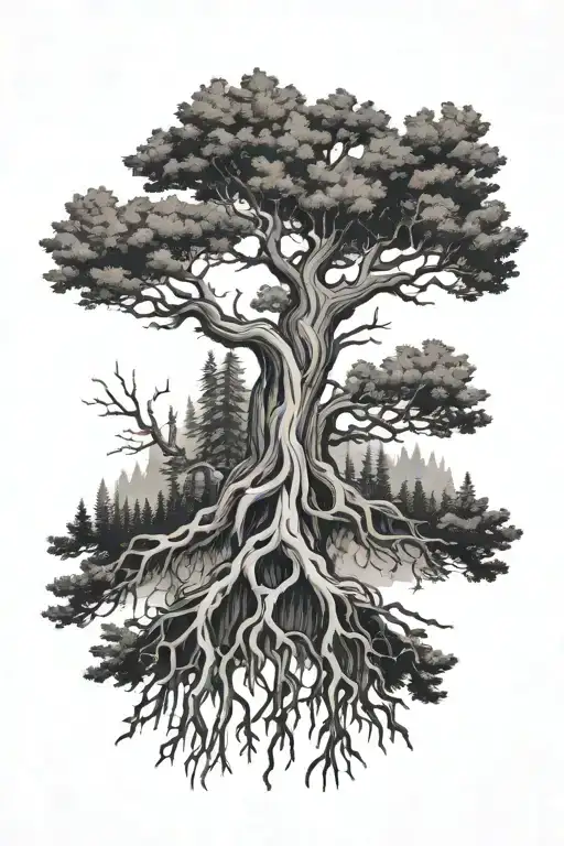 Create a tattoo with a larch tree in the center, with its roots and trunk acting as a symmetrical divider between a moun tattoo design idea