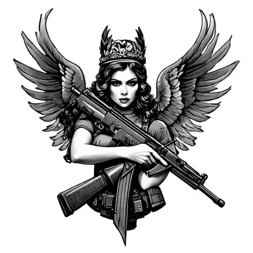 Infantry cross rifle, dead queen of battle, ww2 scene, tactical pin up girl tattoo design idea
