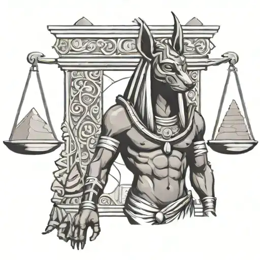 anubis standing holding scales with pyramids in background tattoo design idea