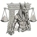 anubis standing holding scales with pyramids in background tattoo design idea
