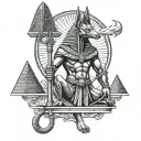 anubis standing holding scales with pyramids in background tattoo design idea