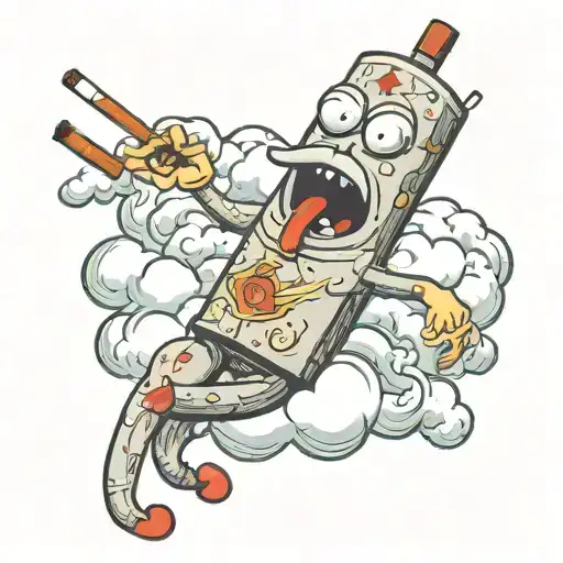 cartoon cigarette with arms, legs, mouth, eyes. that's laying down on a cloud with one leg crossed over, smoking a cig tattoo design idea