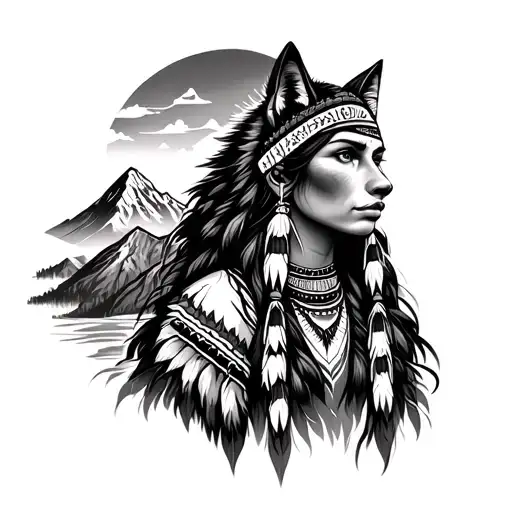 Native American women with wolf and mountain range tattoo design idea